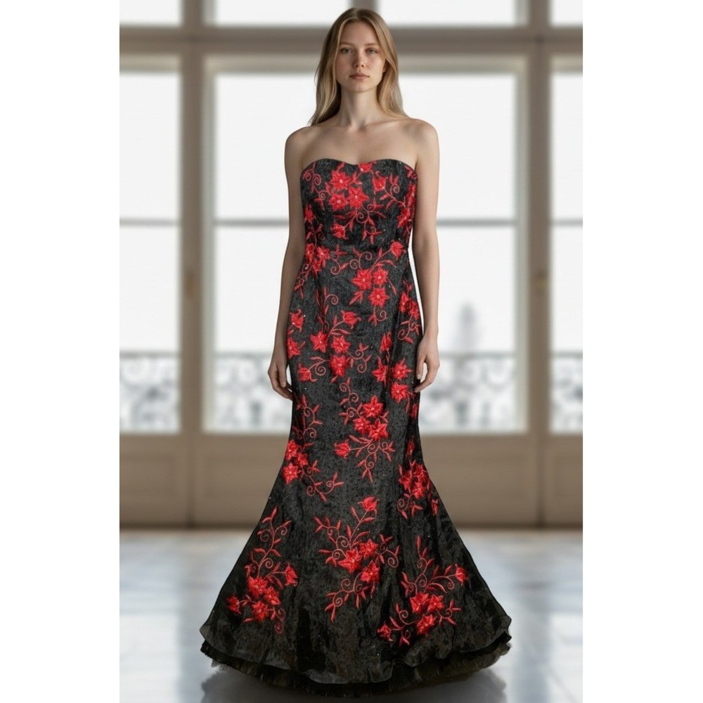 Vintage Jovani Black Red Floral Embroidered Beaded Mermaid Evening Gown Dress 6